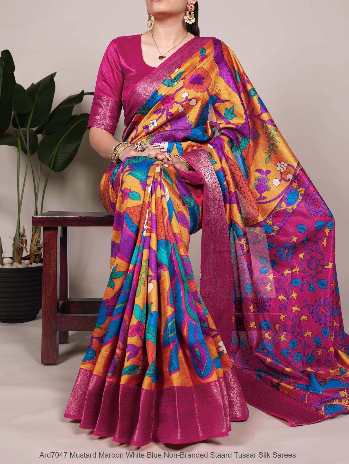 Ard7047 Mustard Maroon White Blue Non-Branded Staard Tussar Silk Sarees