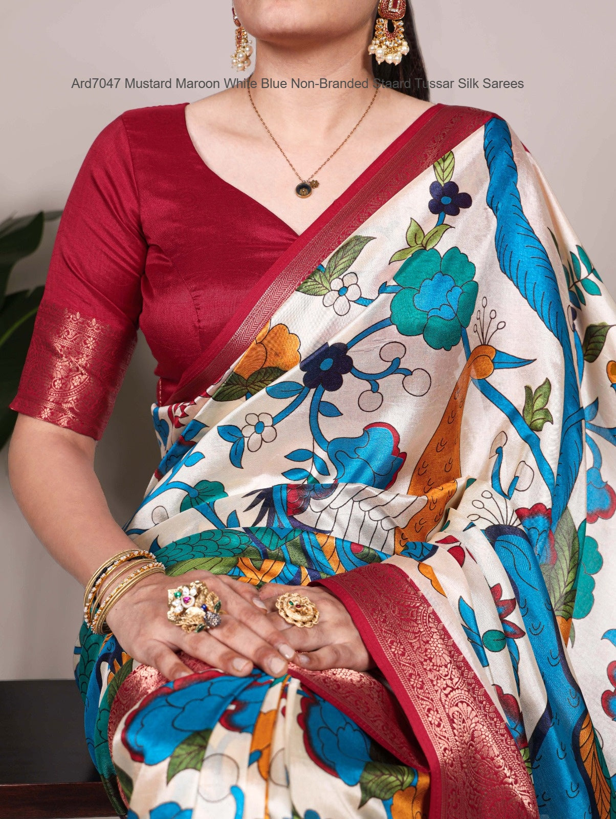 Ard7047 Mustard Maroon White Blue Non-Branded Staard Tussar Silk Sarees