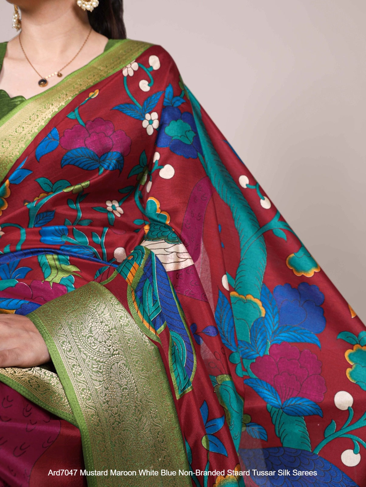 Ard7047 Mustard Maroon White Blue Non-Branded Staard Tussar Silk Sarees