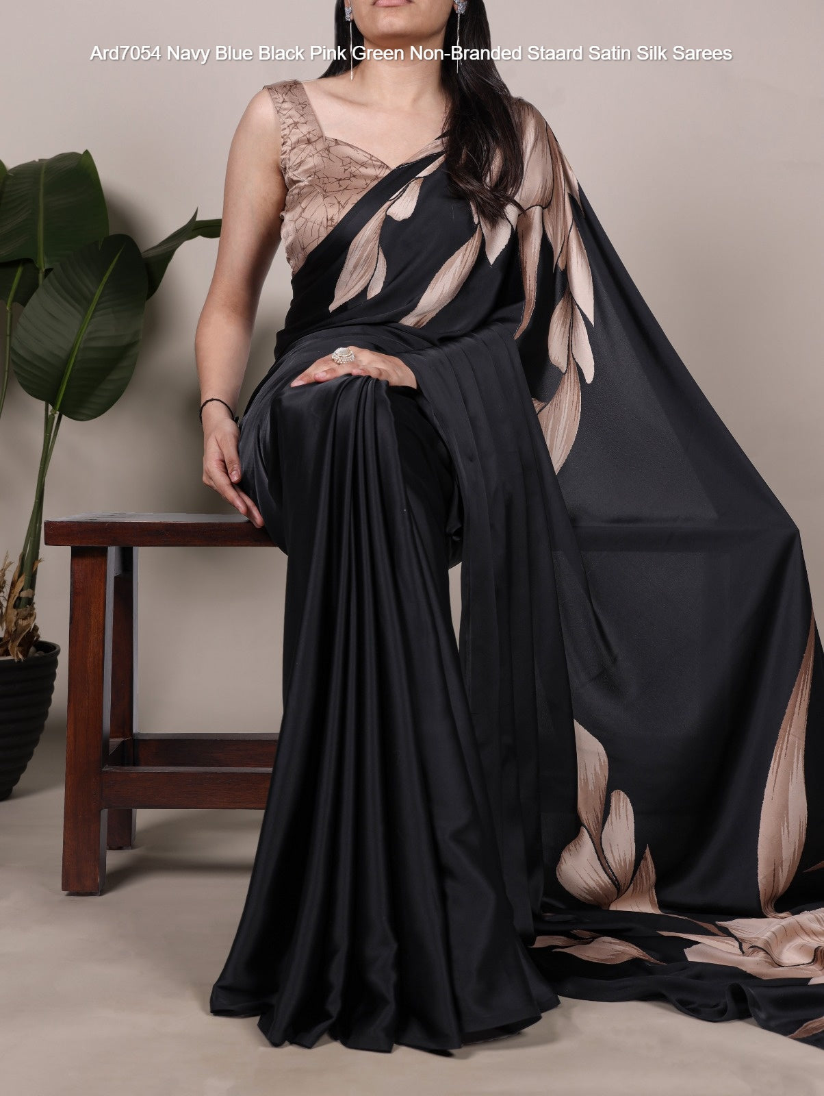 Ard7054 Navy Blue Black Pink Green Non-Branded Staard Satin Silk Sarees
