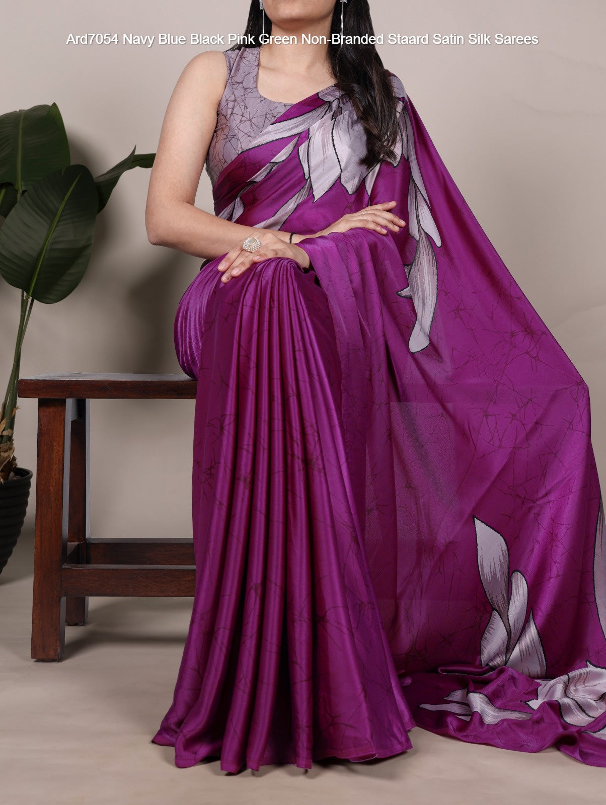 Ard7054 Navy Blue Black Pink Green Non-Branded Staard Satin Silk Sarees