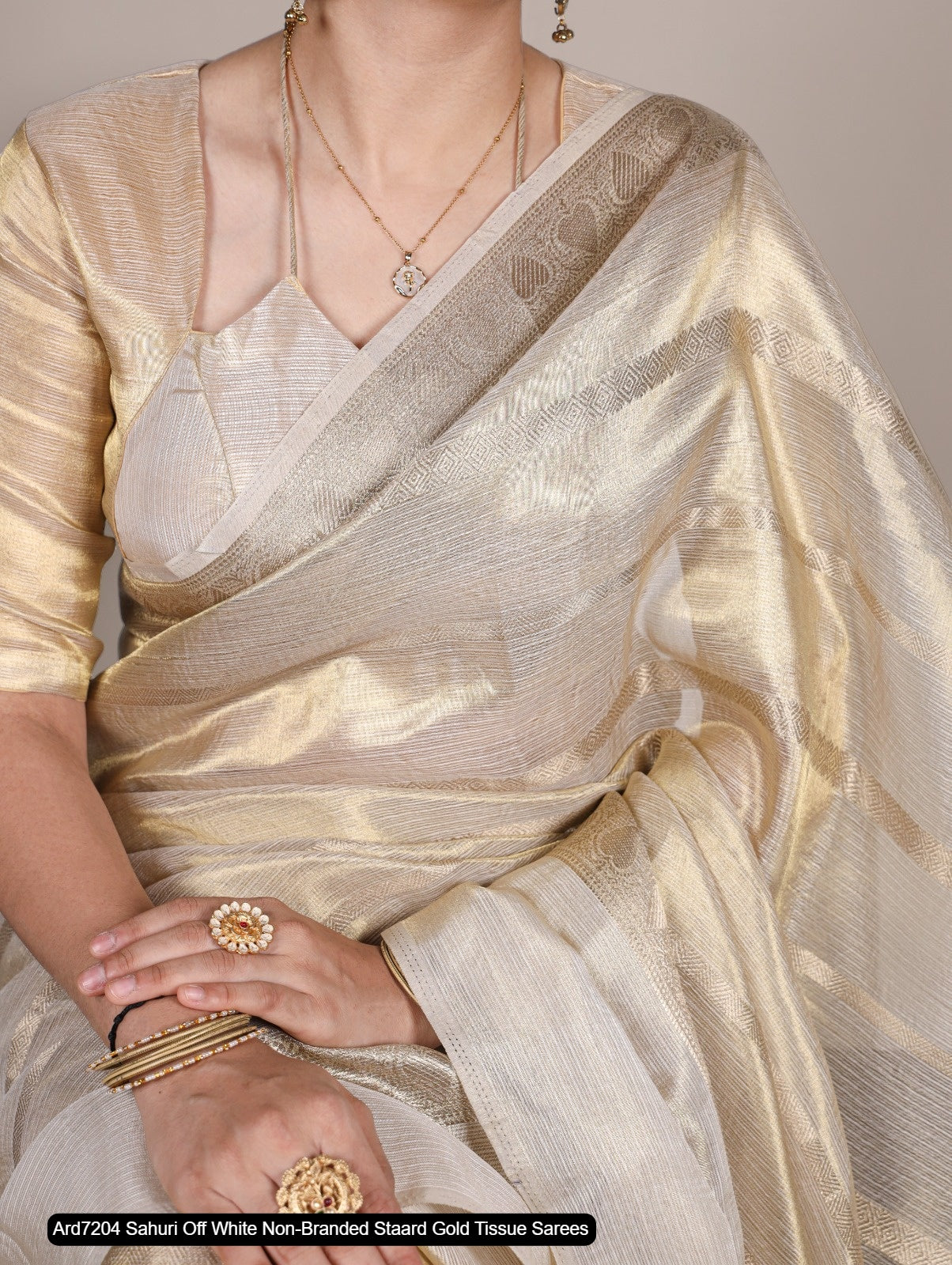 Ard7204 Sahuri Off White Non-Branded Staard Gold Tissue Sarees