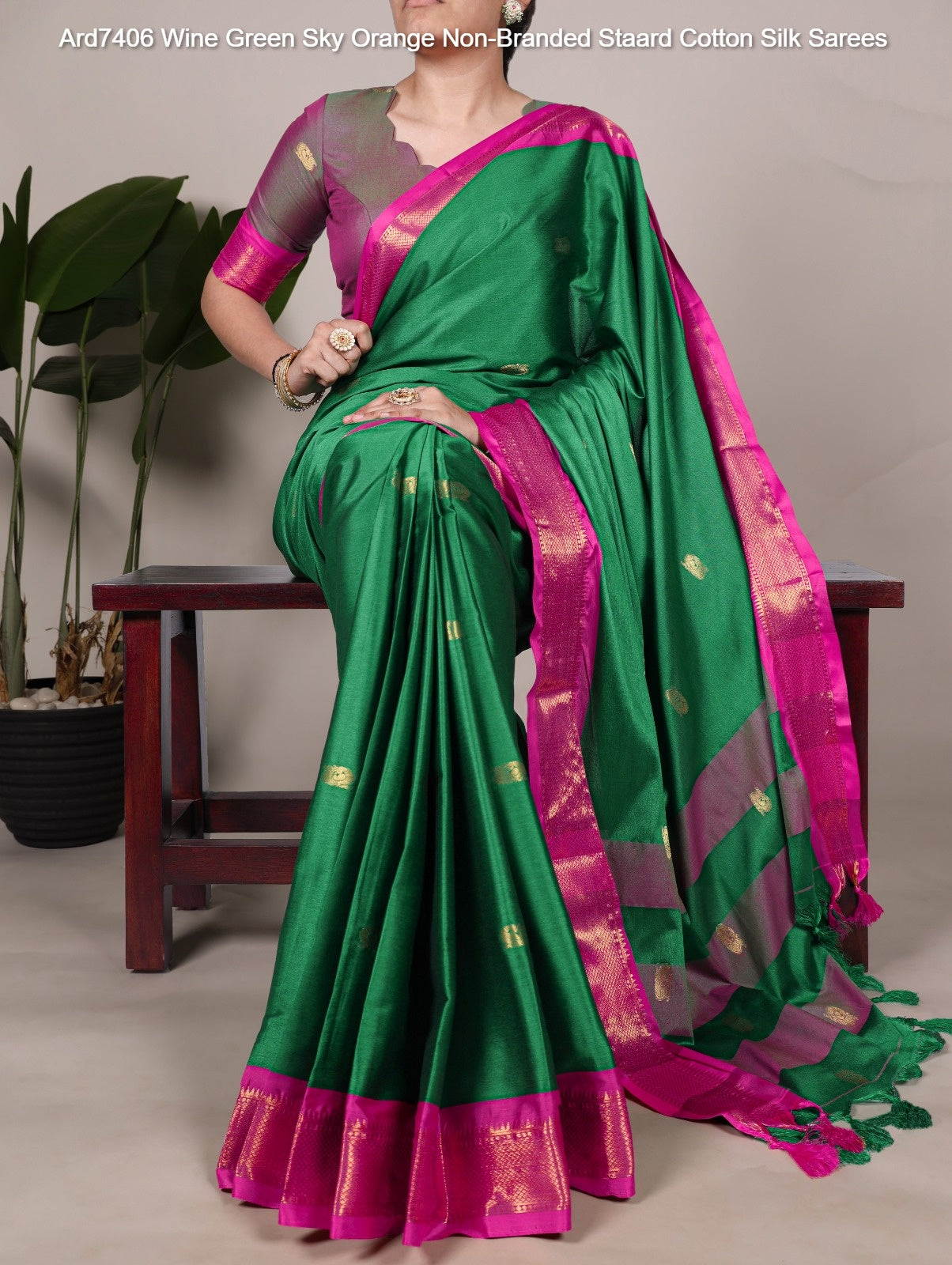 Ard7406 Wine Green Sky Orange Non-Branded Staard Cotton Silk Sarees