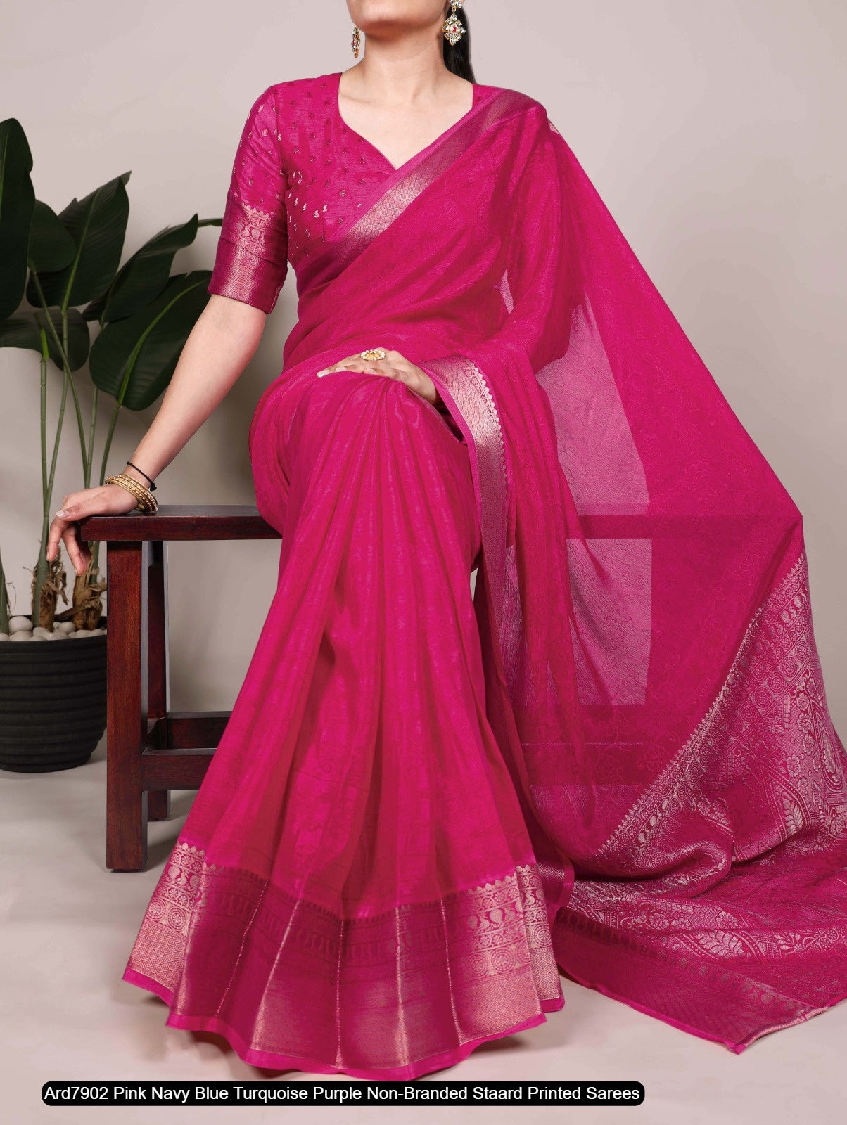 Ard7902 Pink Navy Blue Turquoise Purple Non-Branded Staard Printed Sarees