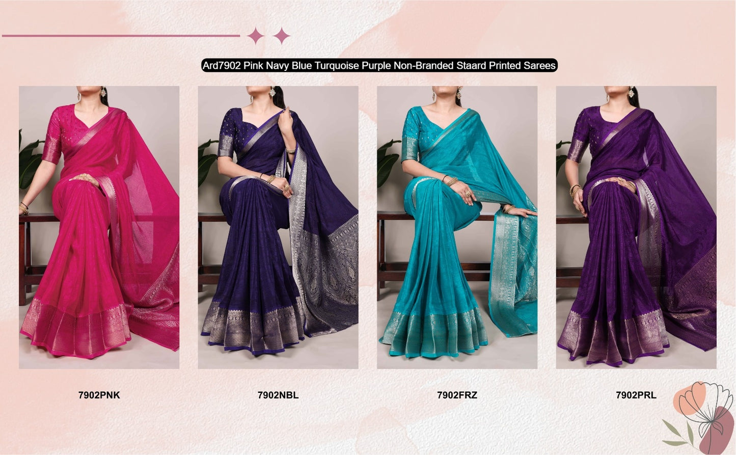 Ard7902 Pink Navy Blue Turquoise Purple Non-Branded Staard Printed Sarees