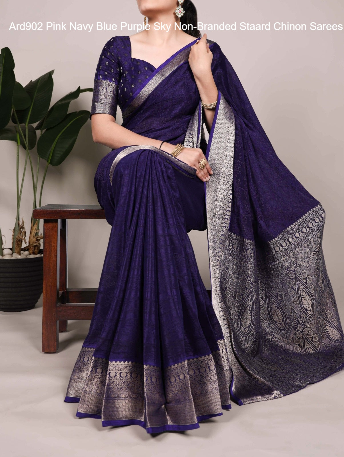 Ard902 Pink Navy Blue Purple Sky Non-Branded Staard Chinon Sarees