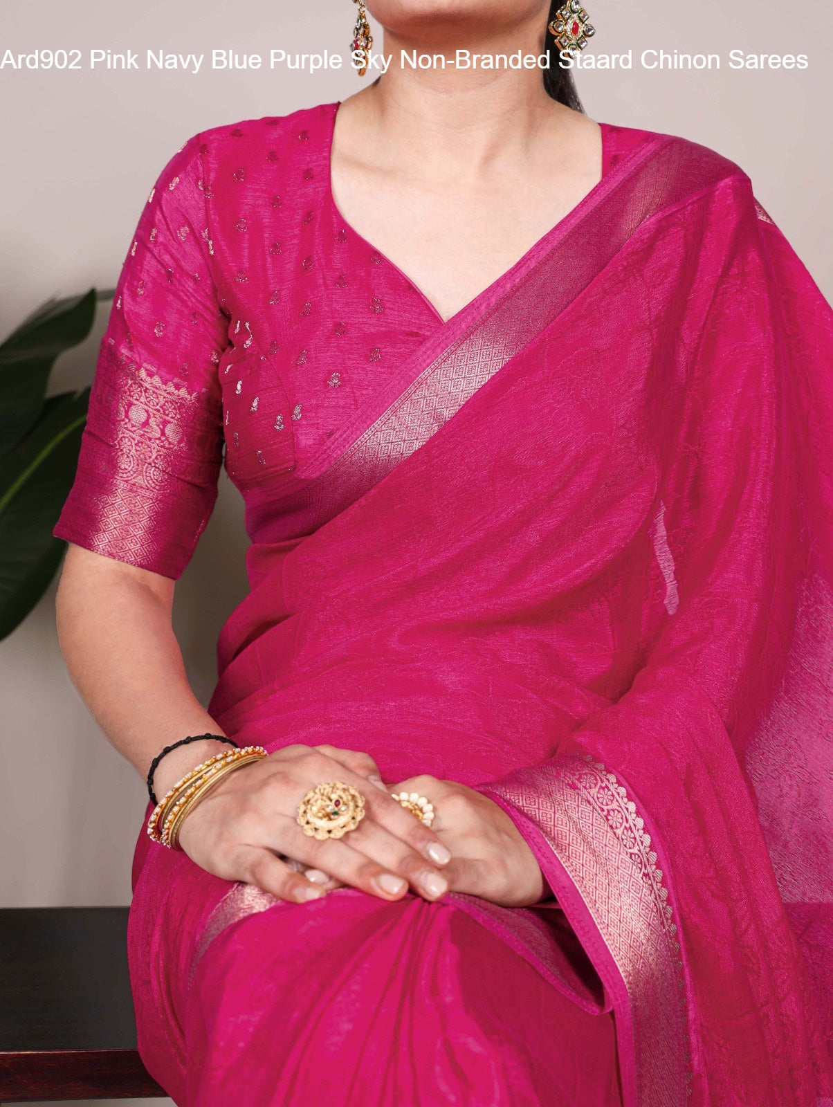 Ard902 Pink Navy Blue Purple Sky Non-Branded Staard Chinon Sarees