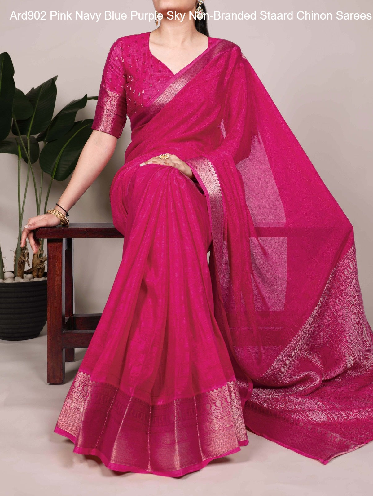 Ard902 Pink Navy Blue Purple Sky Non-Branded Staard Chinon Sarees