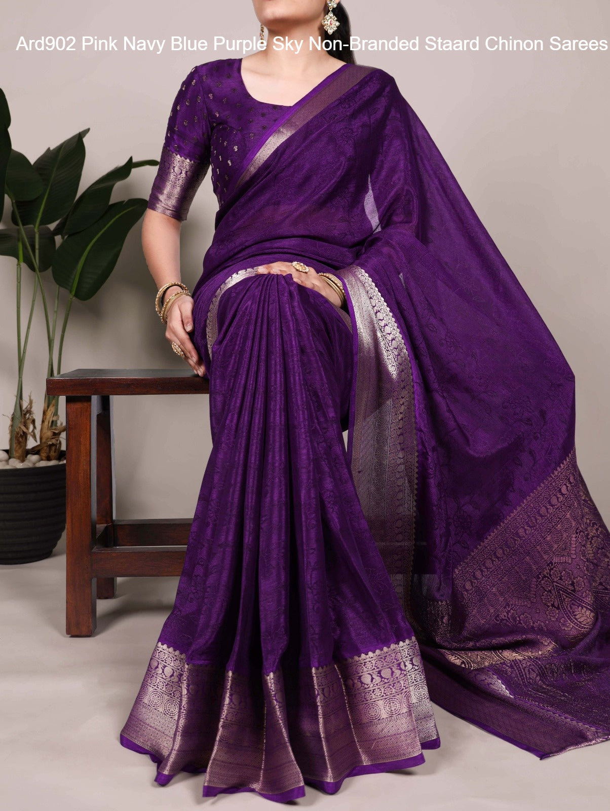 Ard902 Pink Navy Blue Purple Sky Non-Branded Staard Chinon Sarees