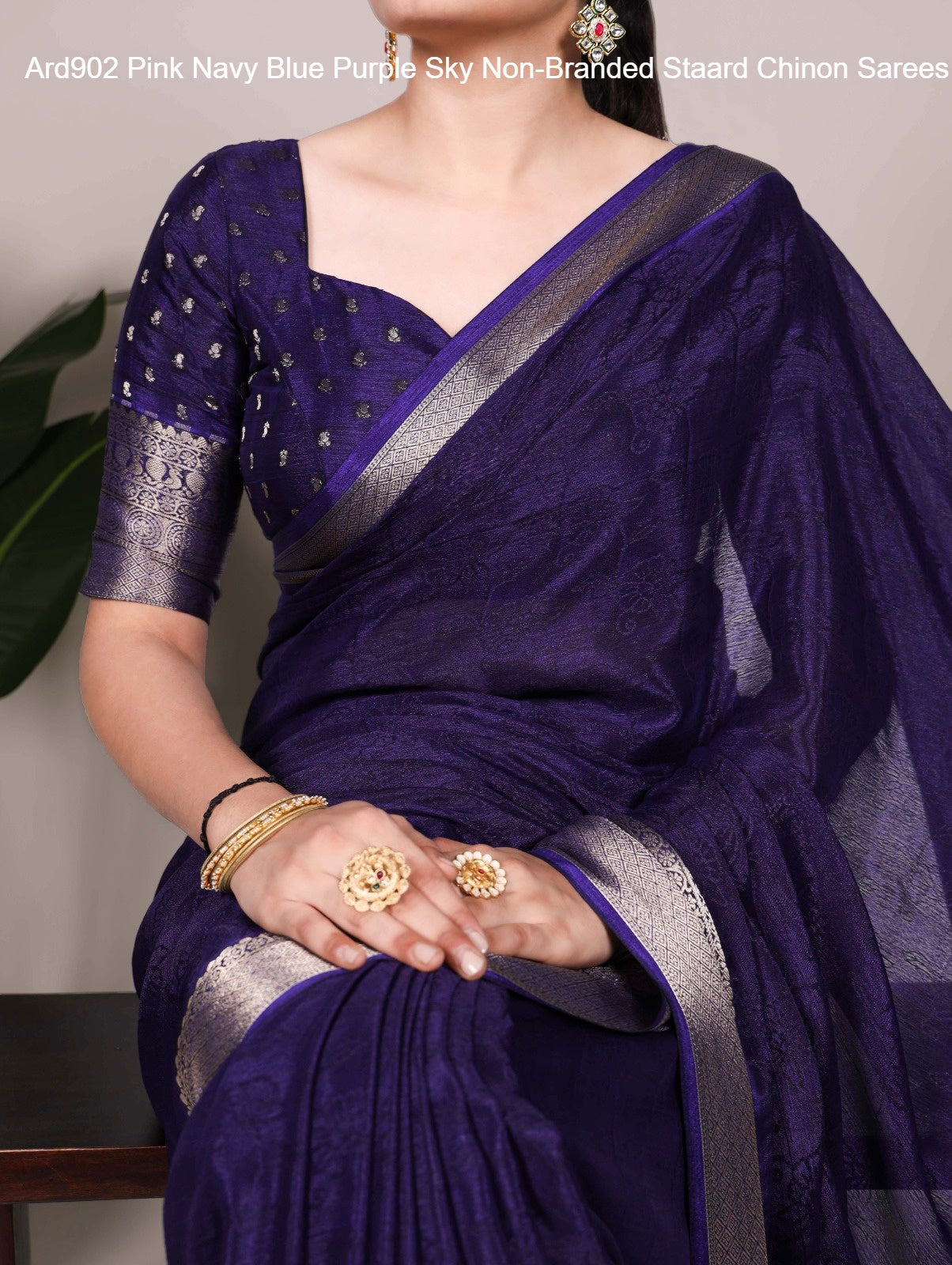 Ard902 Pink Navy Blue Purple Sky Non-Branded Staard Chinon Sarees