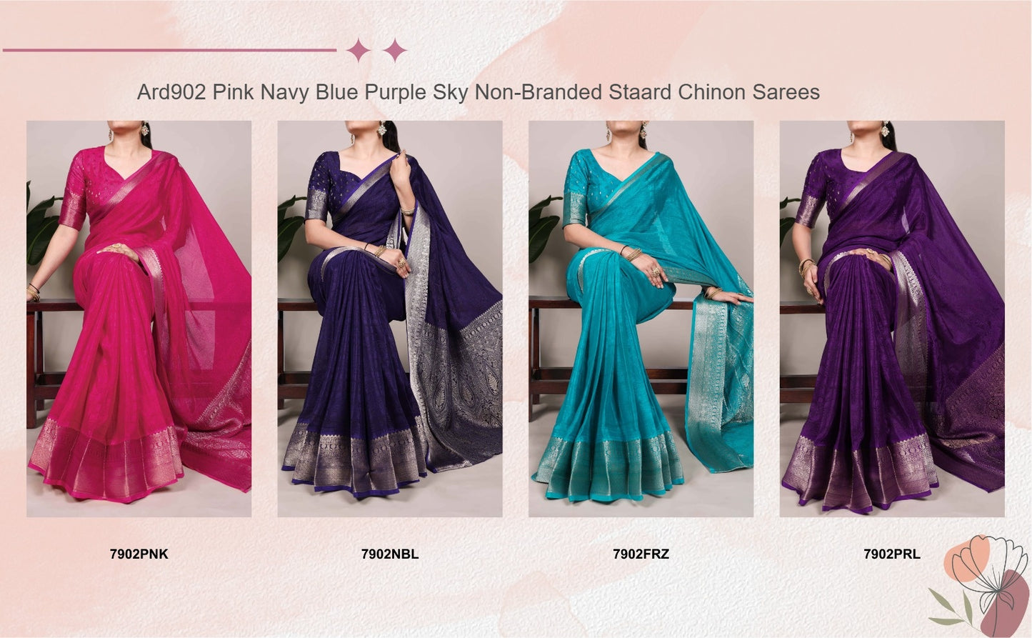 Ard902 Pink Navy Blue Purple Sky Non-Branded Staard Chinon Sarees