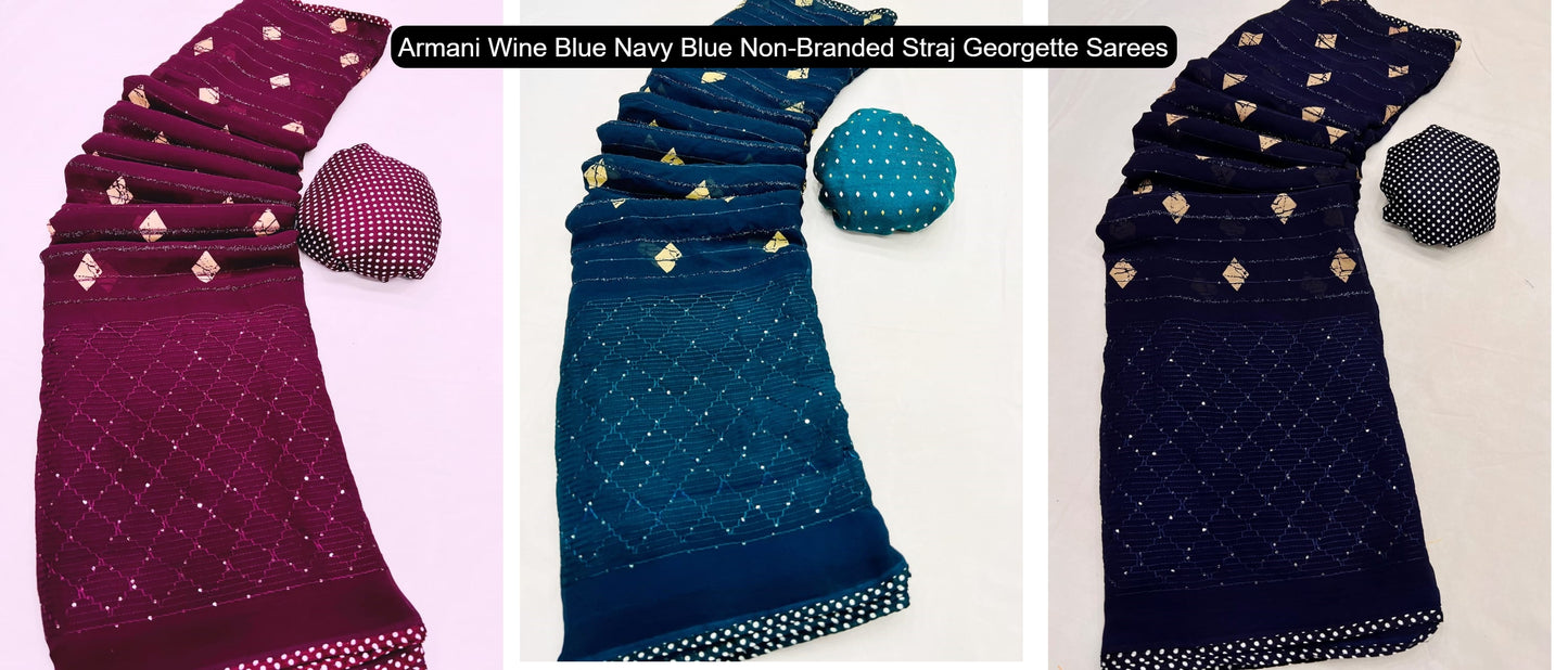 Armani Wine Blue Navy Blue Non-Branded Straj Georgette Sarees