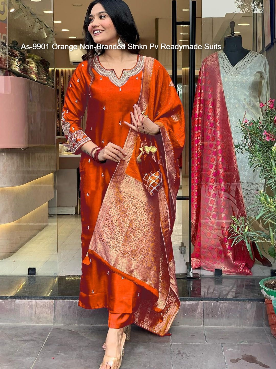 As-9901 Orange Non-Branded Stnkn Pv Readymade Suits