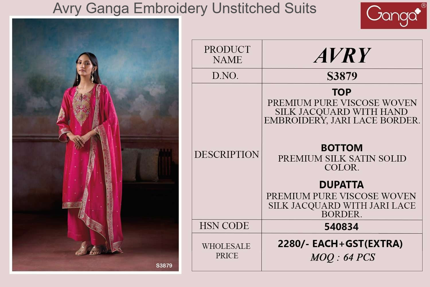 Avry Ganga Embroidery Unstitched Suits