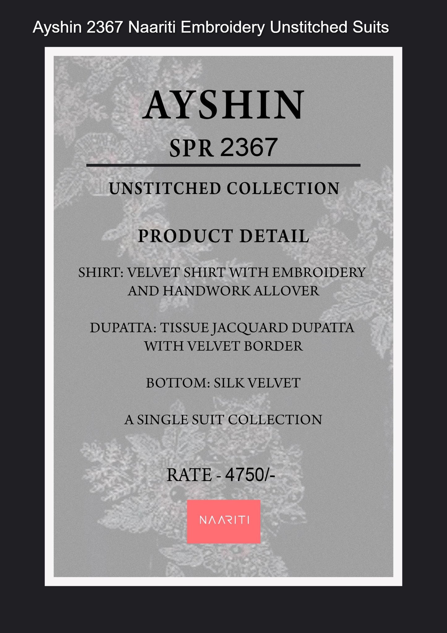 Ayshin 2367 Naariti Embroidery Unstitched Suits