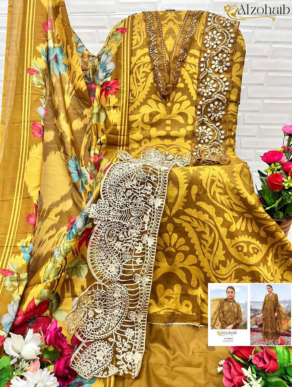 Az-1066-E Al Zohaib Pure Cotton Pakistani Patch Suits