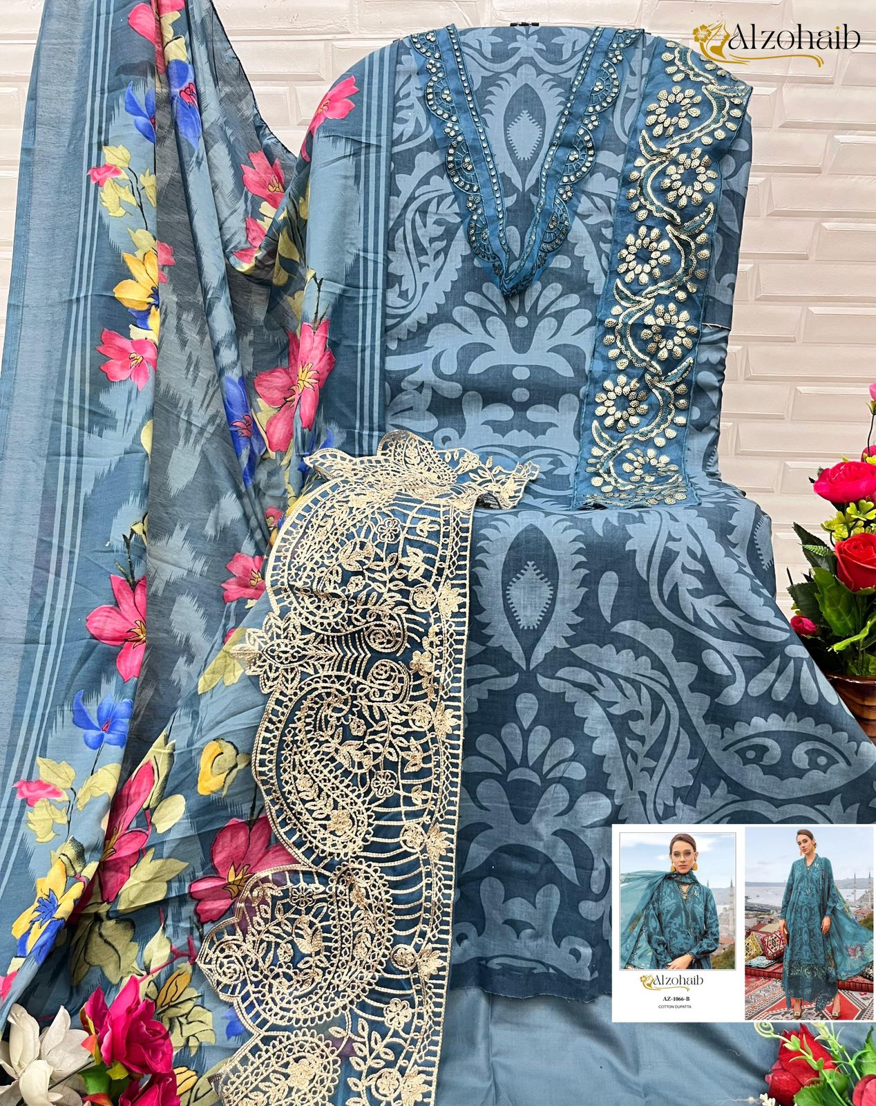 Az-1066D Al Zohaib Cotton Pakistani Patch Suits