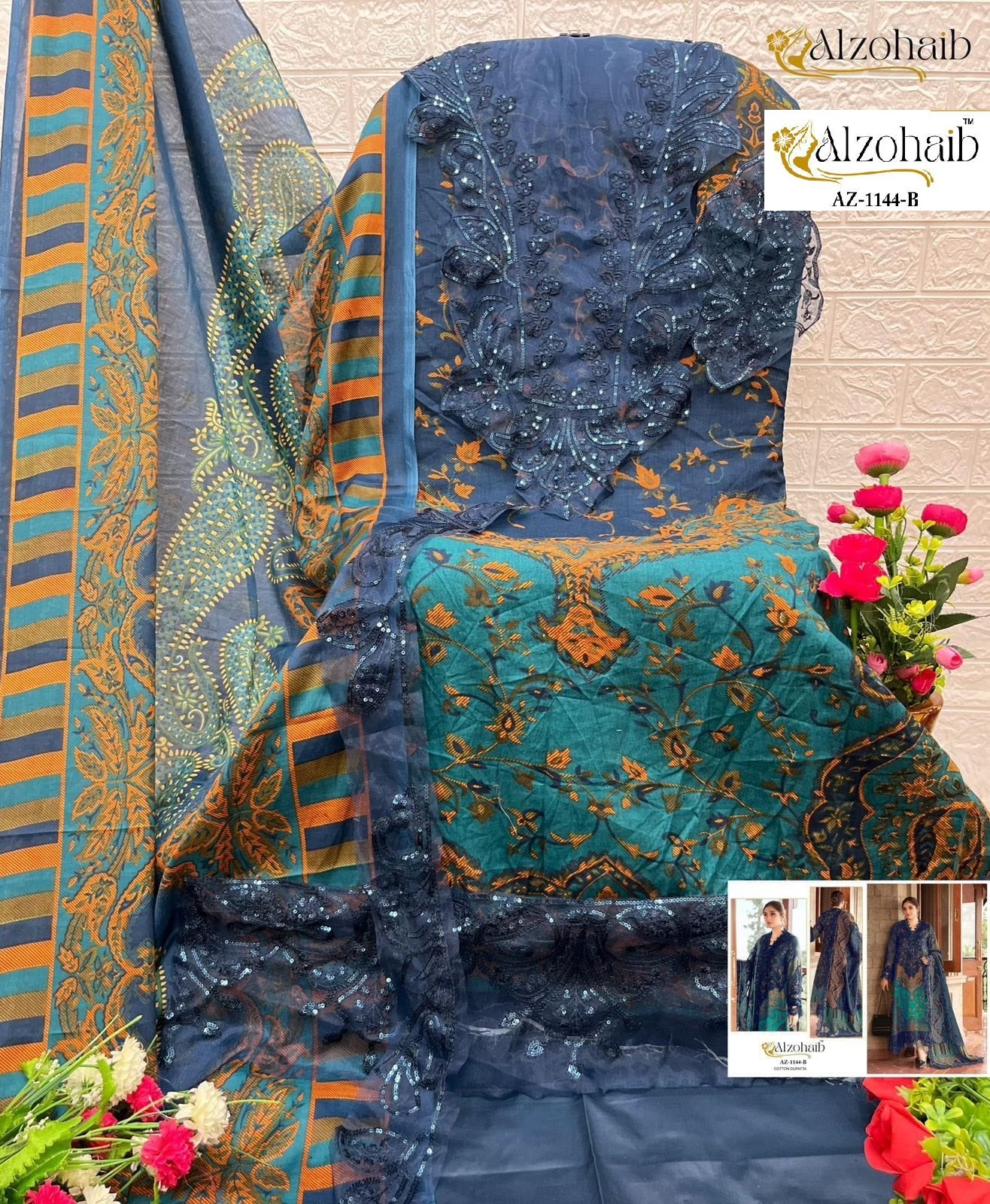 Az-1144 B Al Zohaib Printed Pakistani Patch Suits