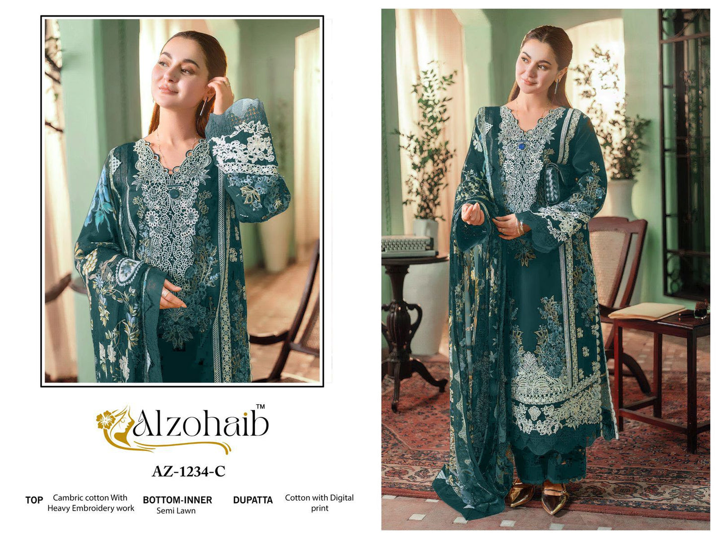 Az-1234-C Zahra Vol 1 Al Zohaib Cambric Cotton Pakistani Salwar Suits