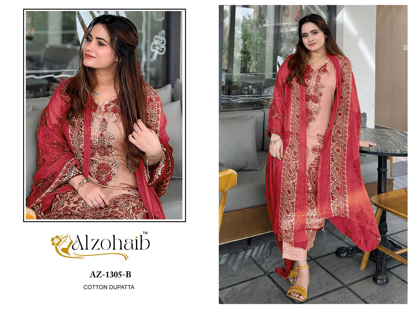 Az-1305-B Al Zohaib Cotton Pakistani Patch Suits