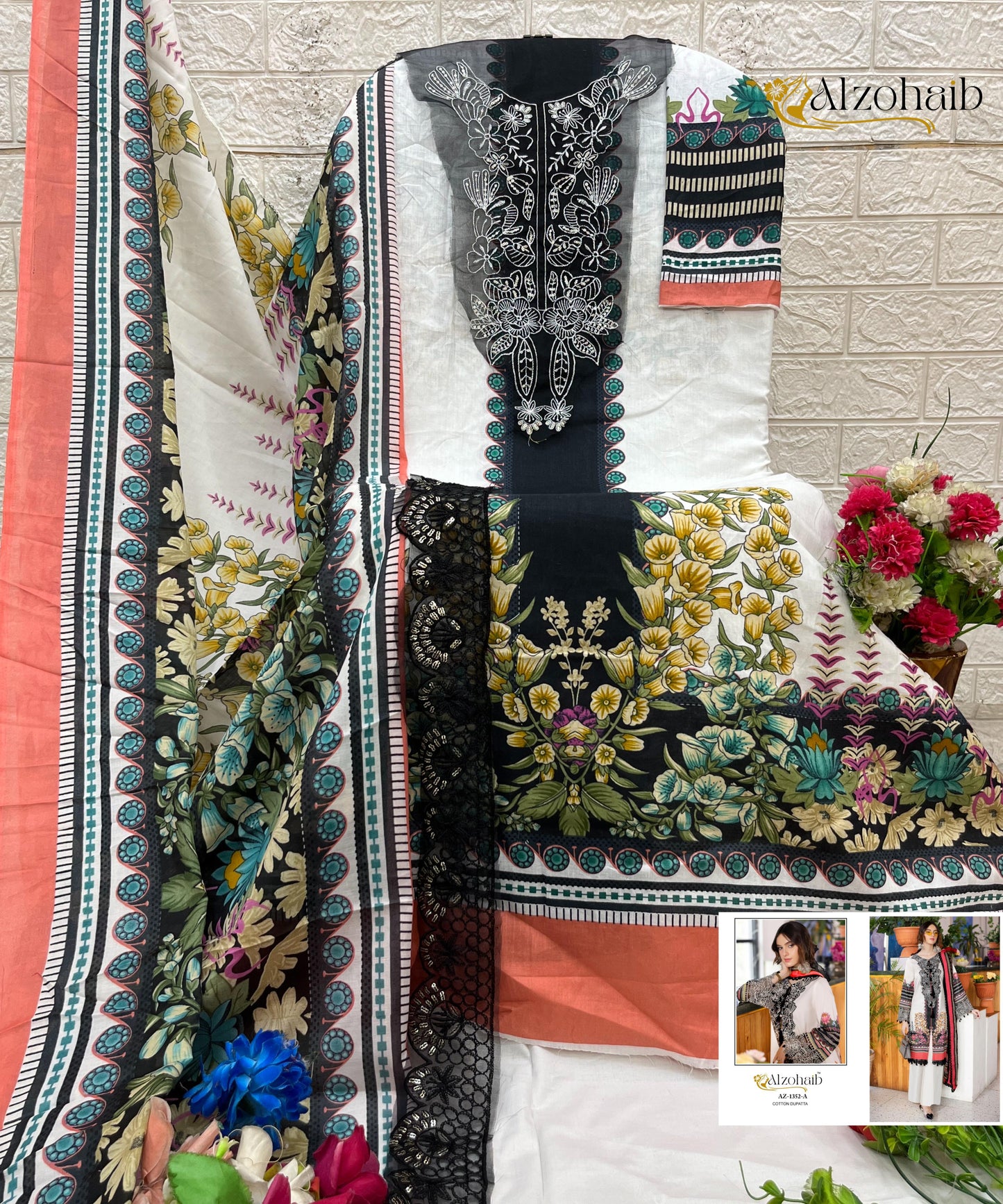 Az-1352-A Naba Vol-1 Al Zohaib Pure Cotton Pakistani Patch Suits