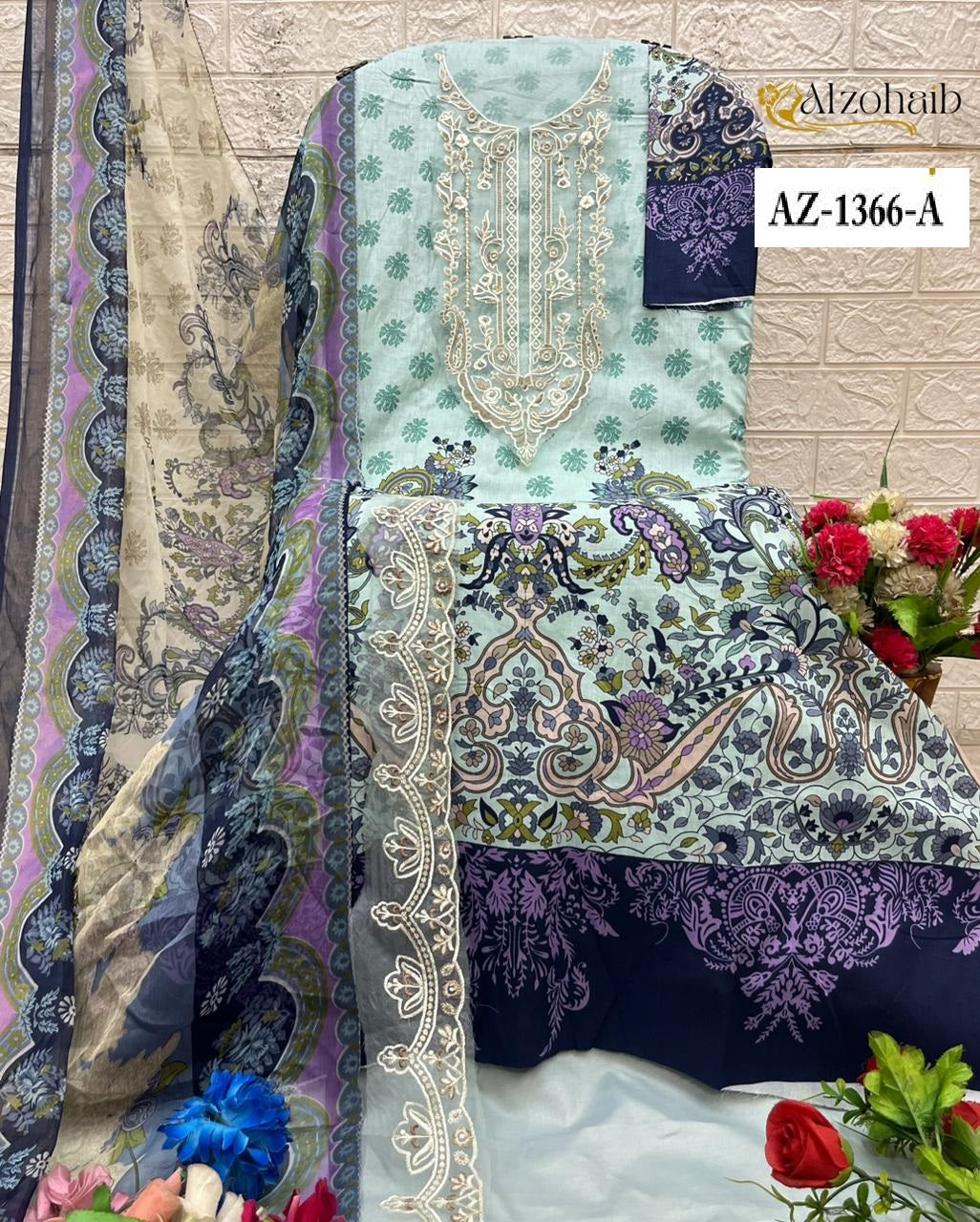 Az-1366-A Aarifa Al Zohaib Pure Cotton Pakistani Patch Suits