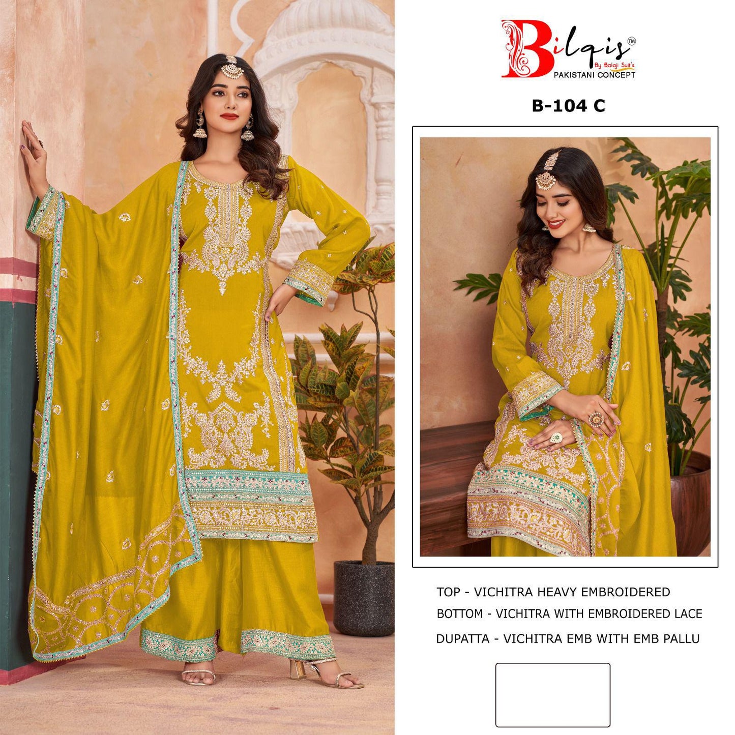 B-104 C Yellow Bilqis Embroidery Pakistani Salwar Suits
