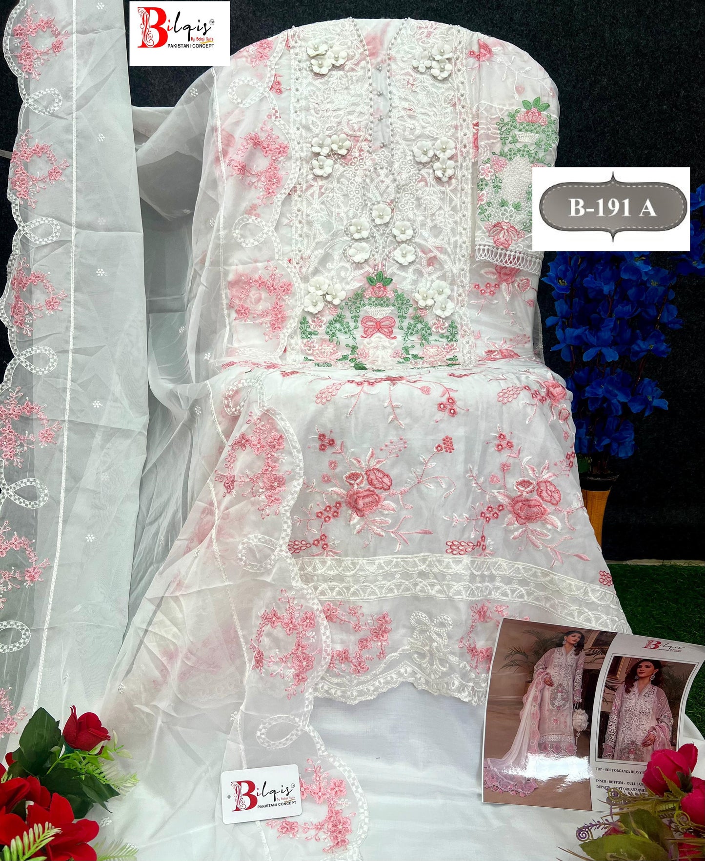 B-191 White Bilqis Embroidery Pakistani Salwar Suits