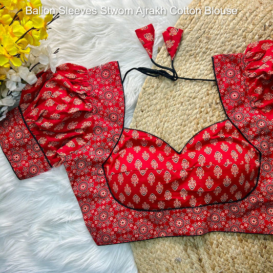 Ballon Sleeves Stwom Ajrakh Cotton Blouse