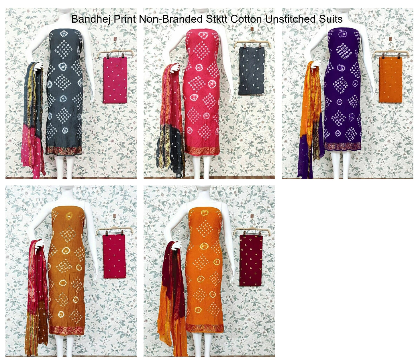 Bandhej Print Non-Branded Stktt Cotton Unstitched Suits