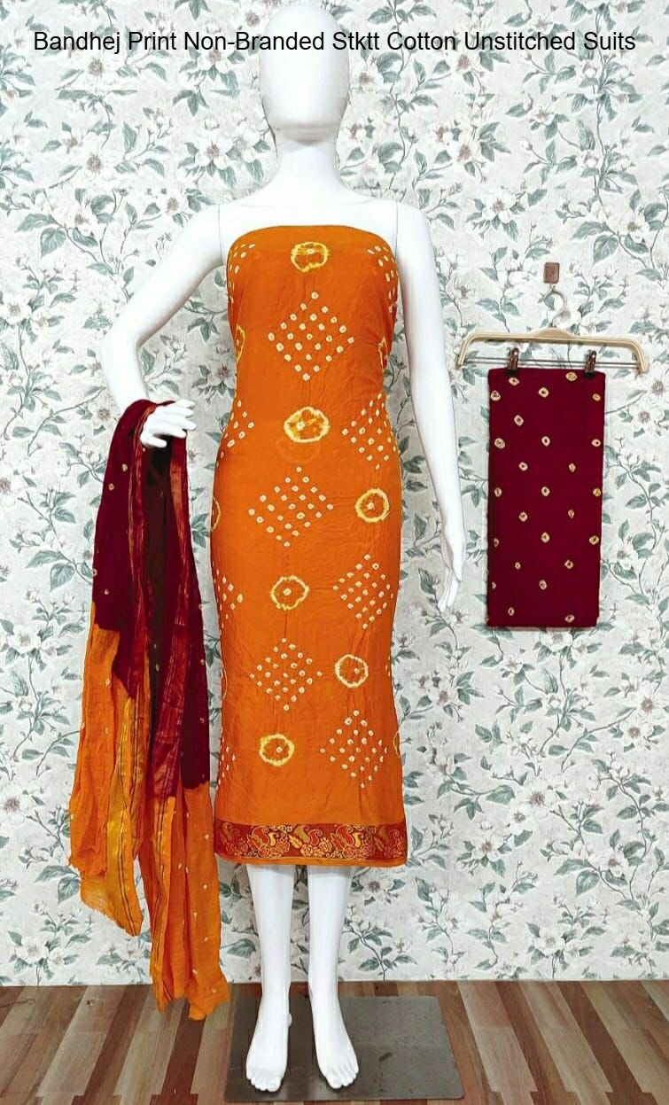 Bandhej Print Non-Branded Stktt Cotton Unstitched Suits