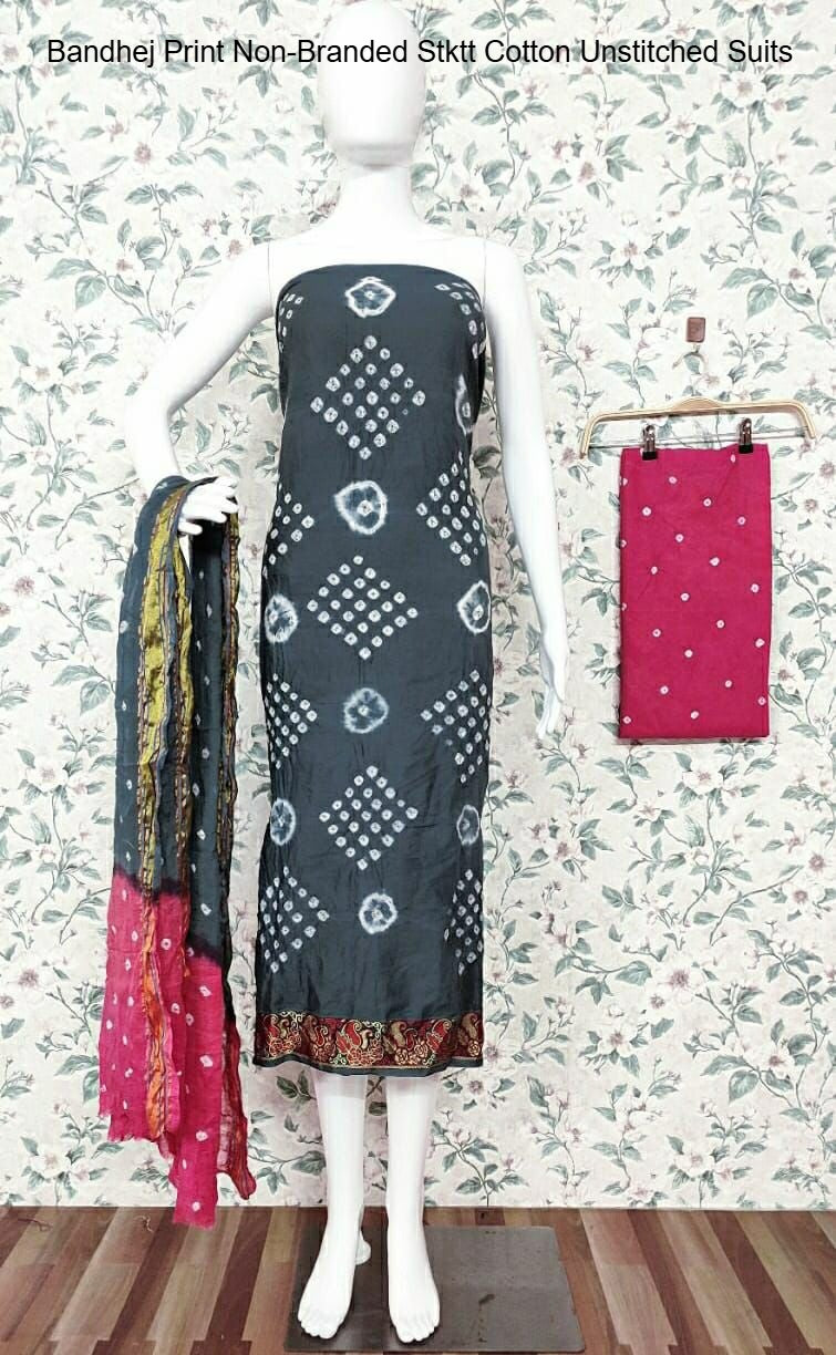 Bandhej Print Non-Branded Stktt Cotton Unstitched Suits