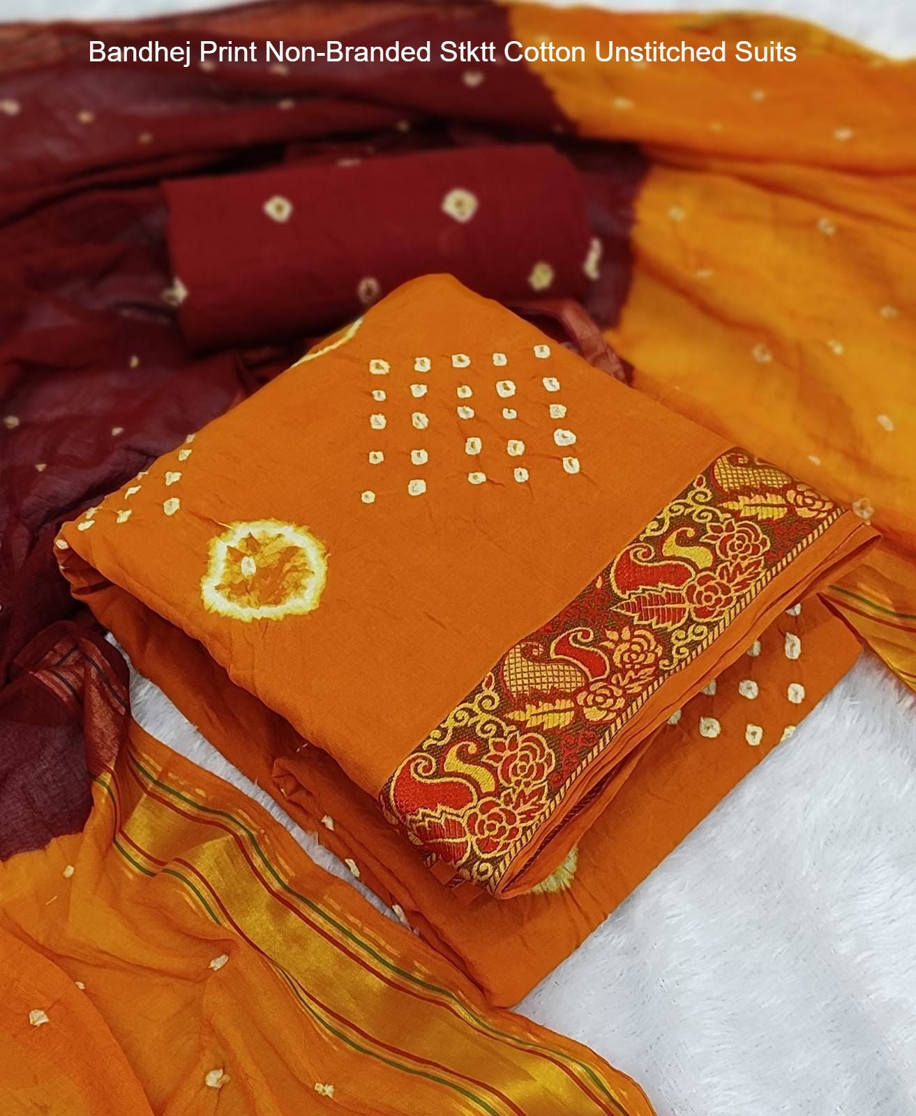 Bandhej Print Non-Branded Stktt Cotton Unstitched Suits
