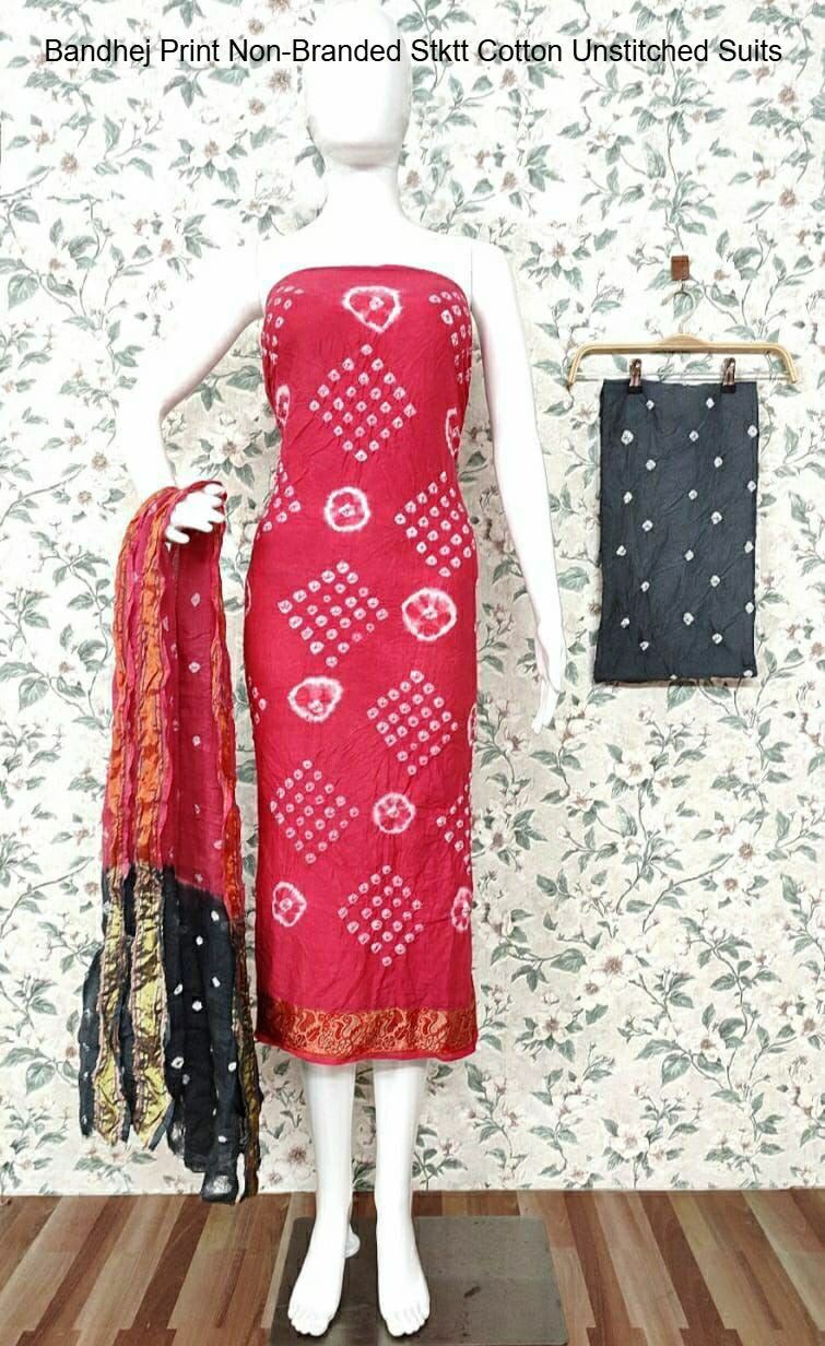 Bandhej Print Non-Branded Stktt Cotton Unstitched Suits