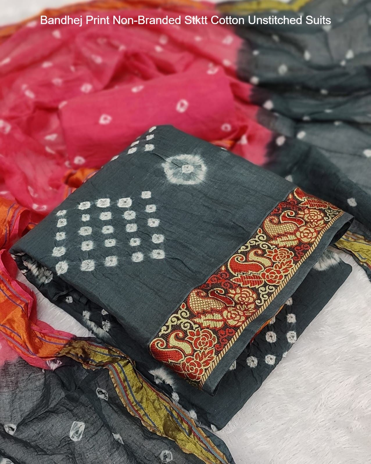 Bandhej Print Non-Branded Stktt Cotton Unstitched Suits