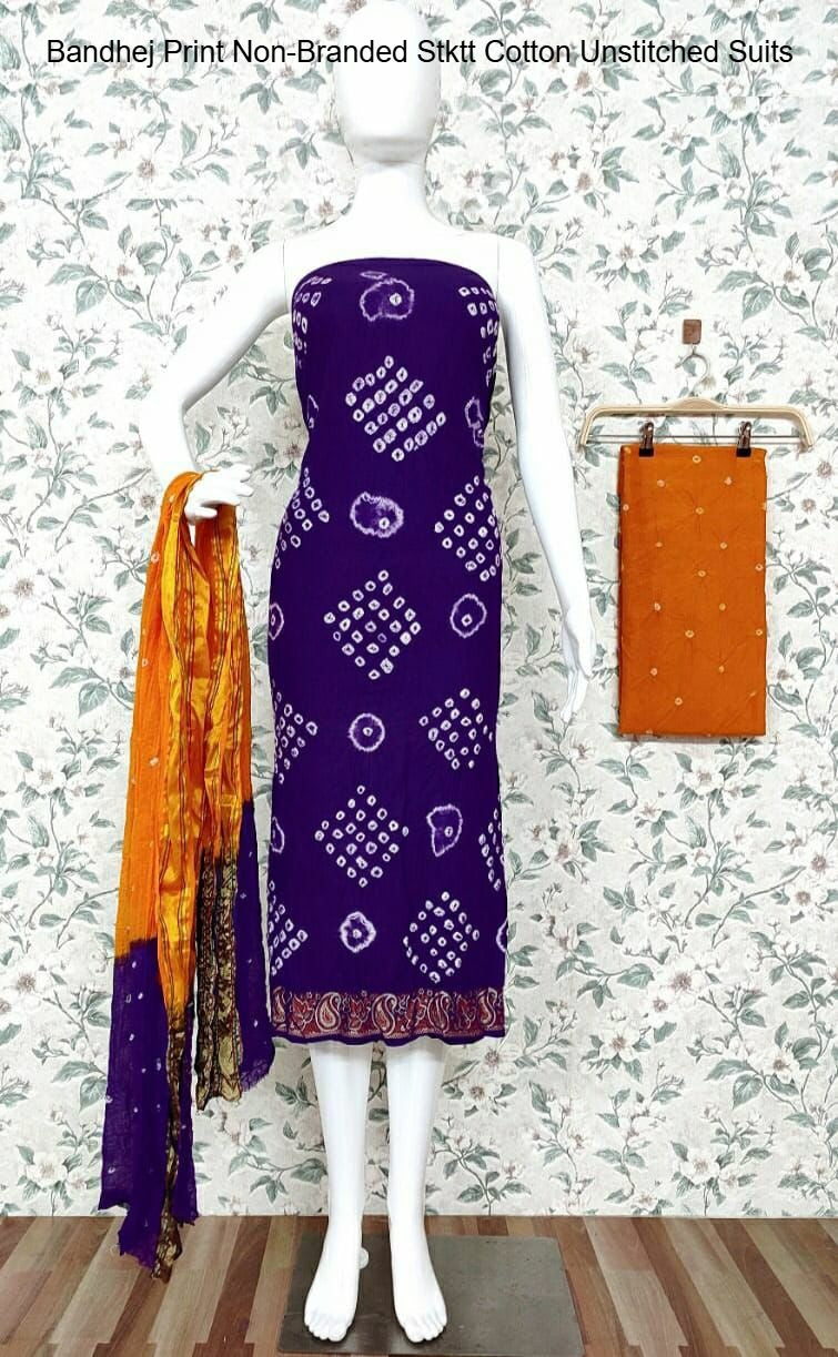 Bandhej Print Non-Branded Stktt Cotton Unstitched Suits