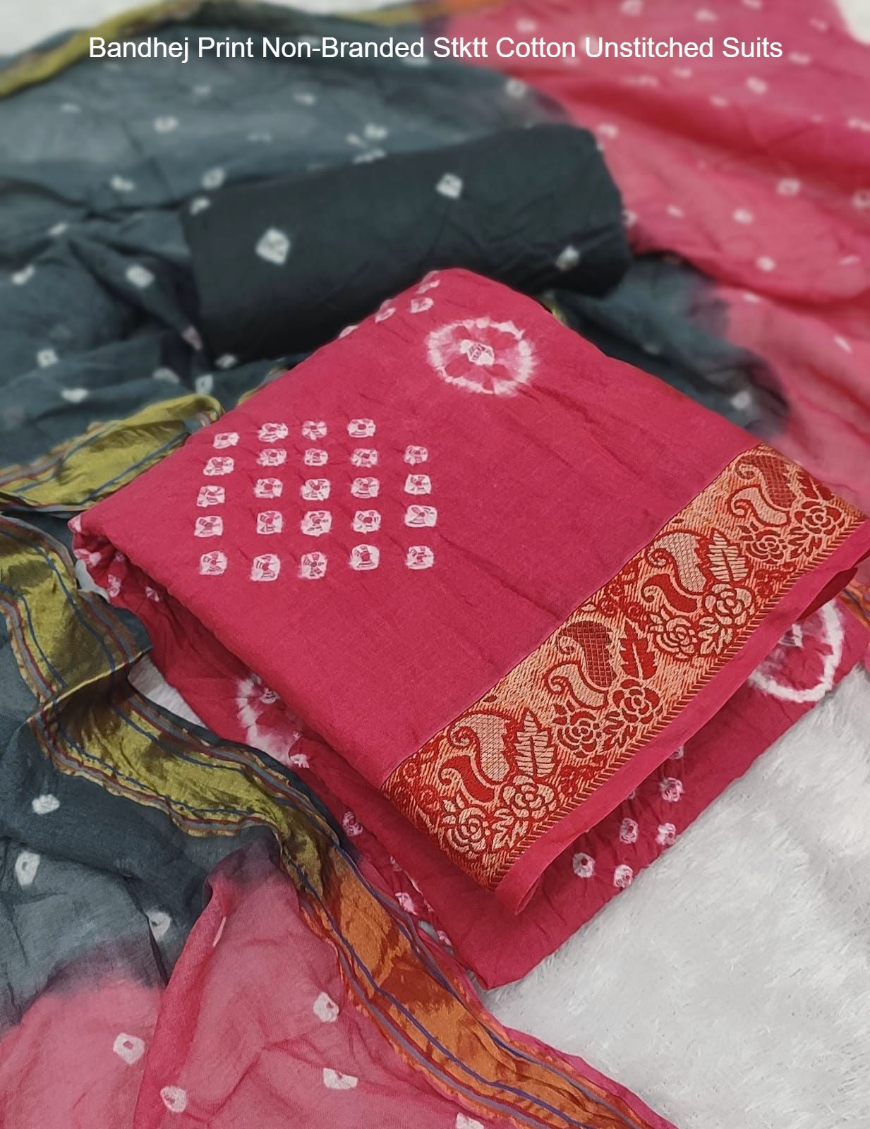 Bandhej Print Non-Branded Stktt Cotton Unstitched Suits