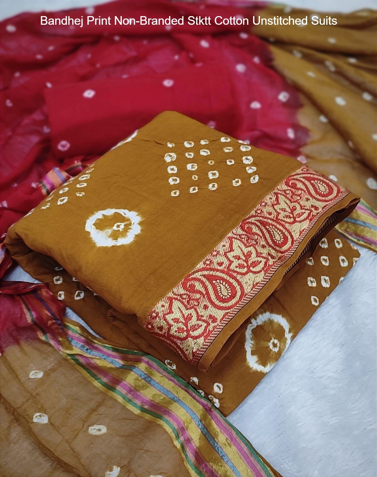 Bandhej Print Non-Branded Stktt Cotton Unstitched Suits