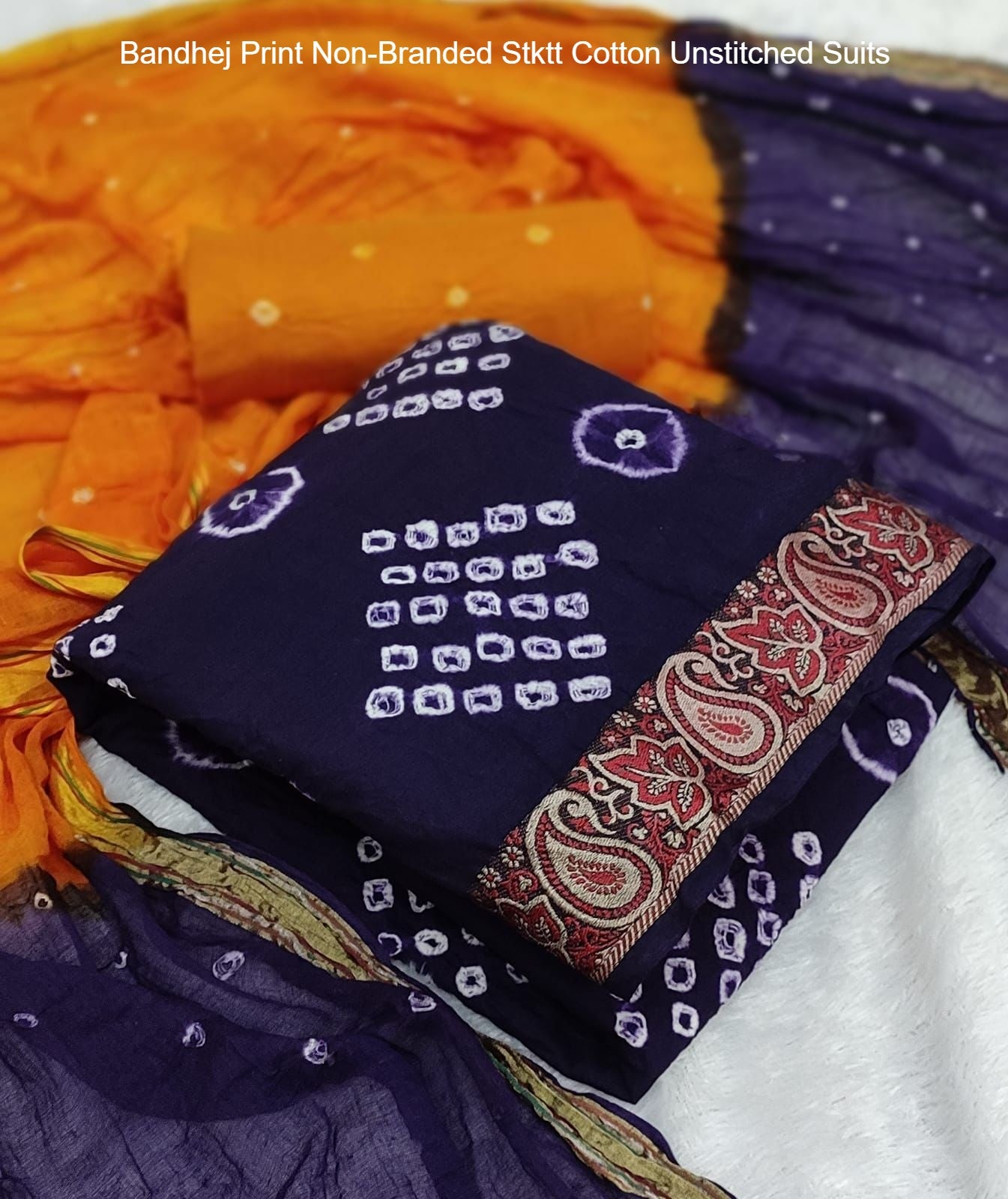 Bandhej Print Non-Branded Stktt Cotton Unstitched Suits