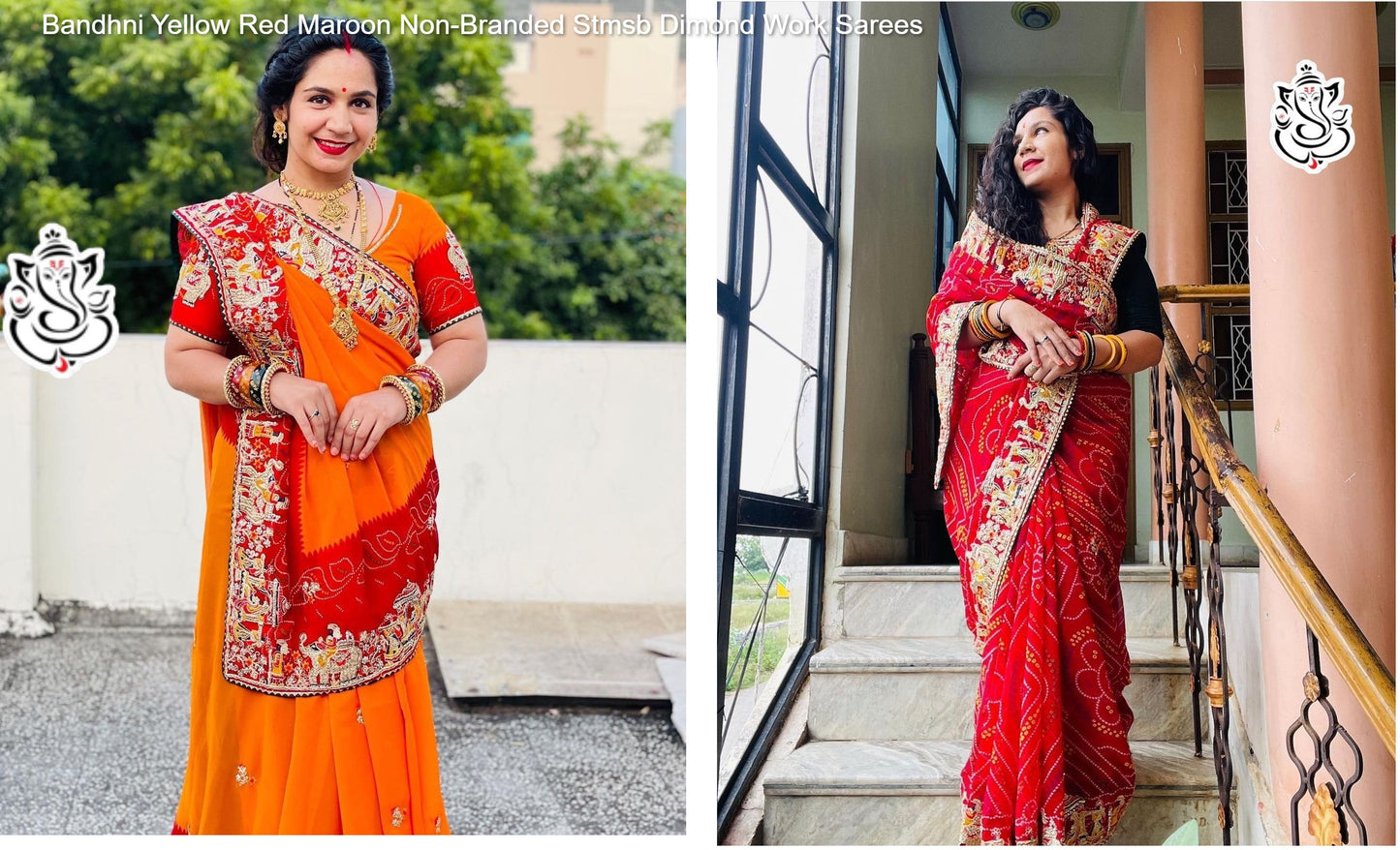 Bandhni Yellow Red Maroon Non-Branded Stmsb Dimond Work Sarees