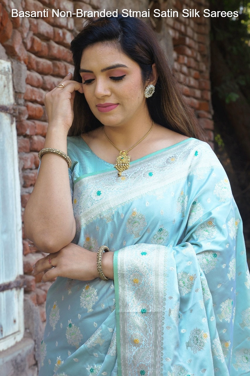 Basanti Non-Branded Stmai Satin Silk Sarees