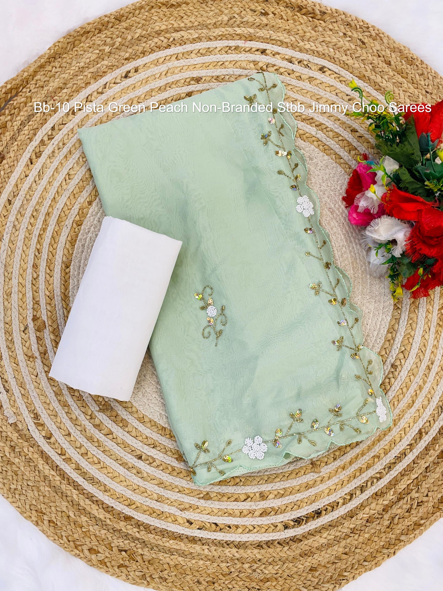 Bb-10 Pista Green Peach Non-Branded Stbb Jimmy Choo Sarees