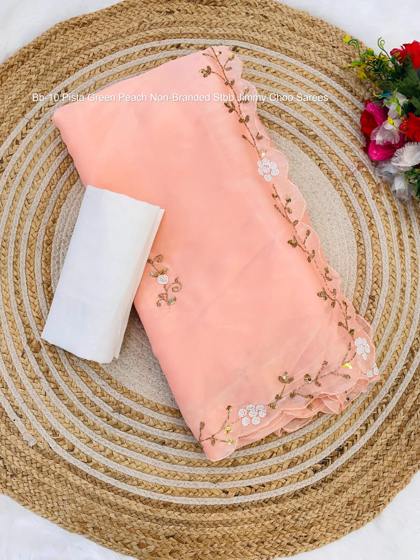 Bb-10 Pista Green Peach Non-Branded Stbb Jimmy Choo Sarees