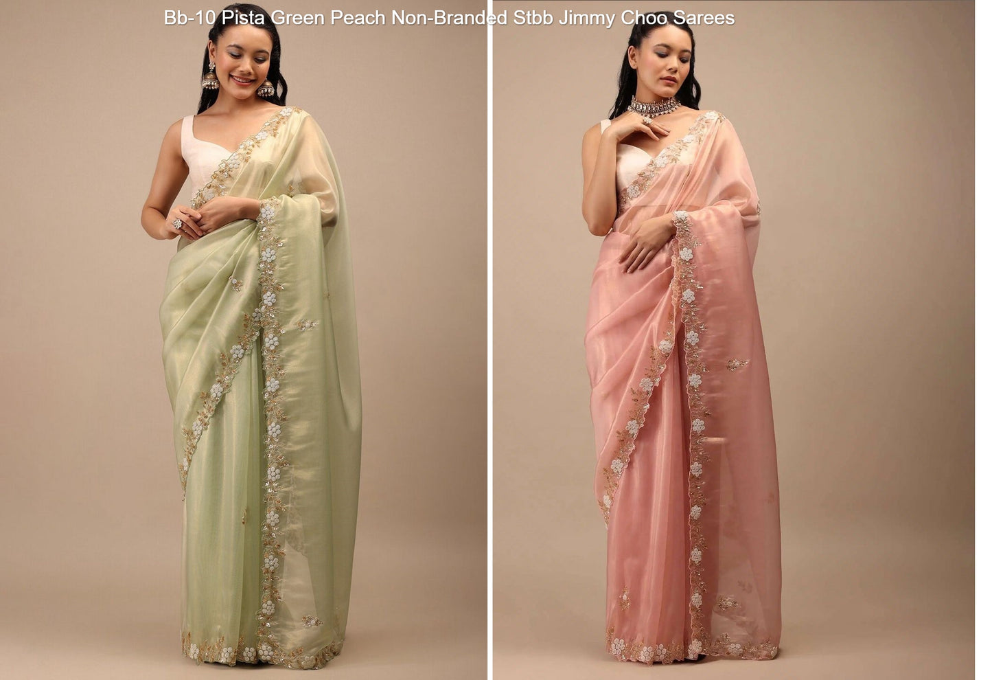 Bb-10 Pista Green Peach Non-Branded Stbb Jimmy Choo Sarees