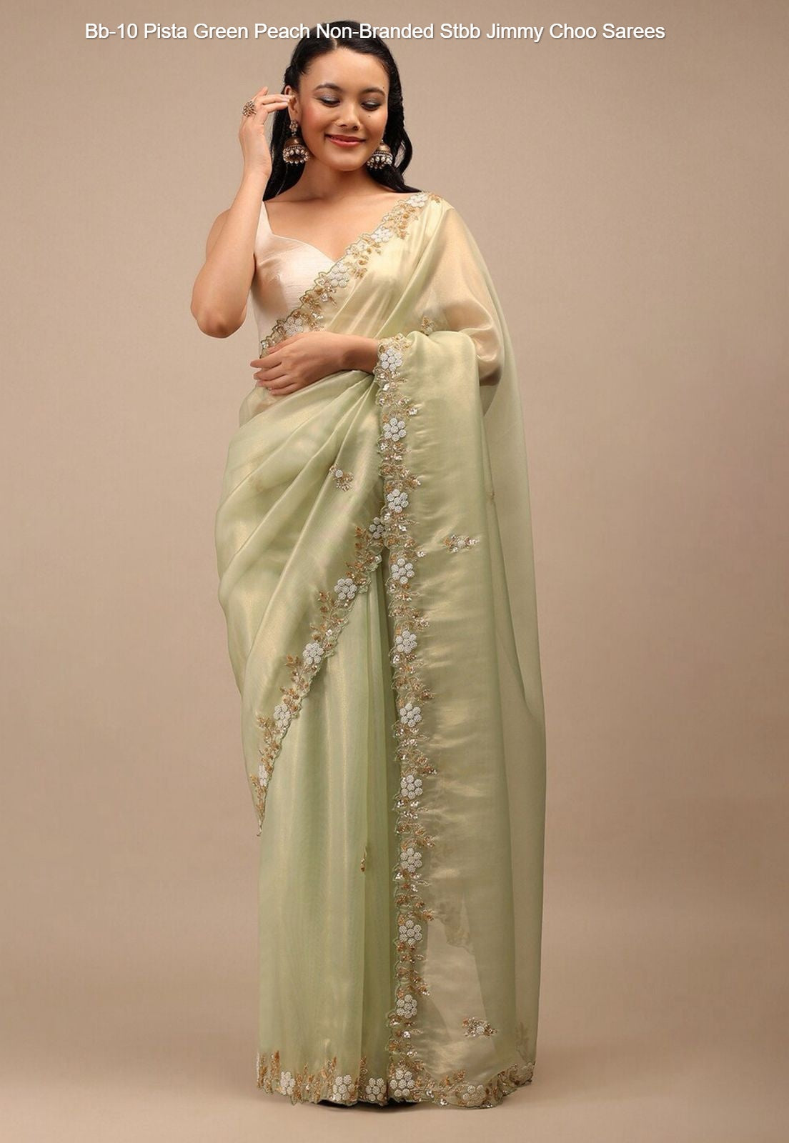 Bb-10 Pista Green Peach Non-Branded Stbb Jimmy Choo Sarees