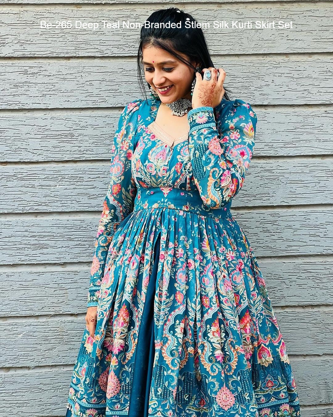 Be-265 Deep Teal Non-Branded Stlem Silk Kurti Skirt Set
