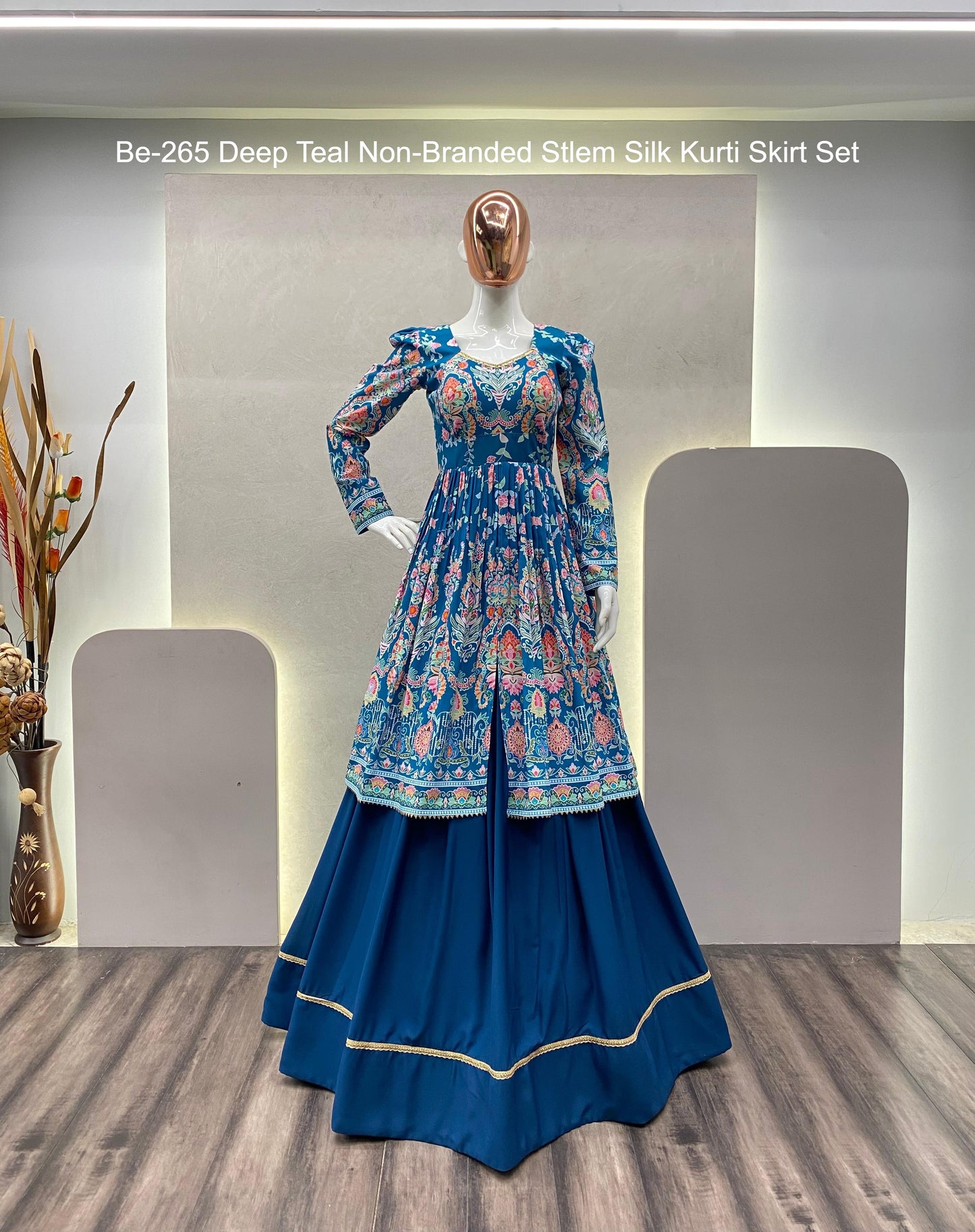 Be-265 Deep Teal Non-Branded Stlem Silk Kurti Skirt Set
