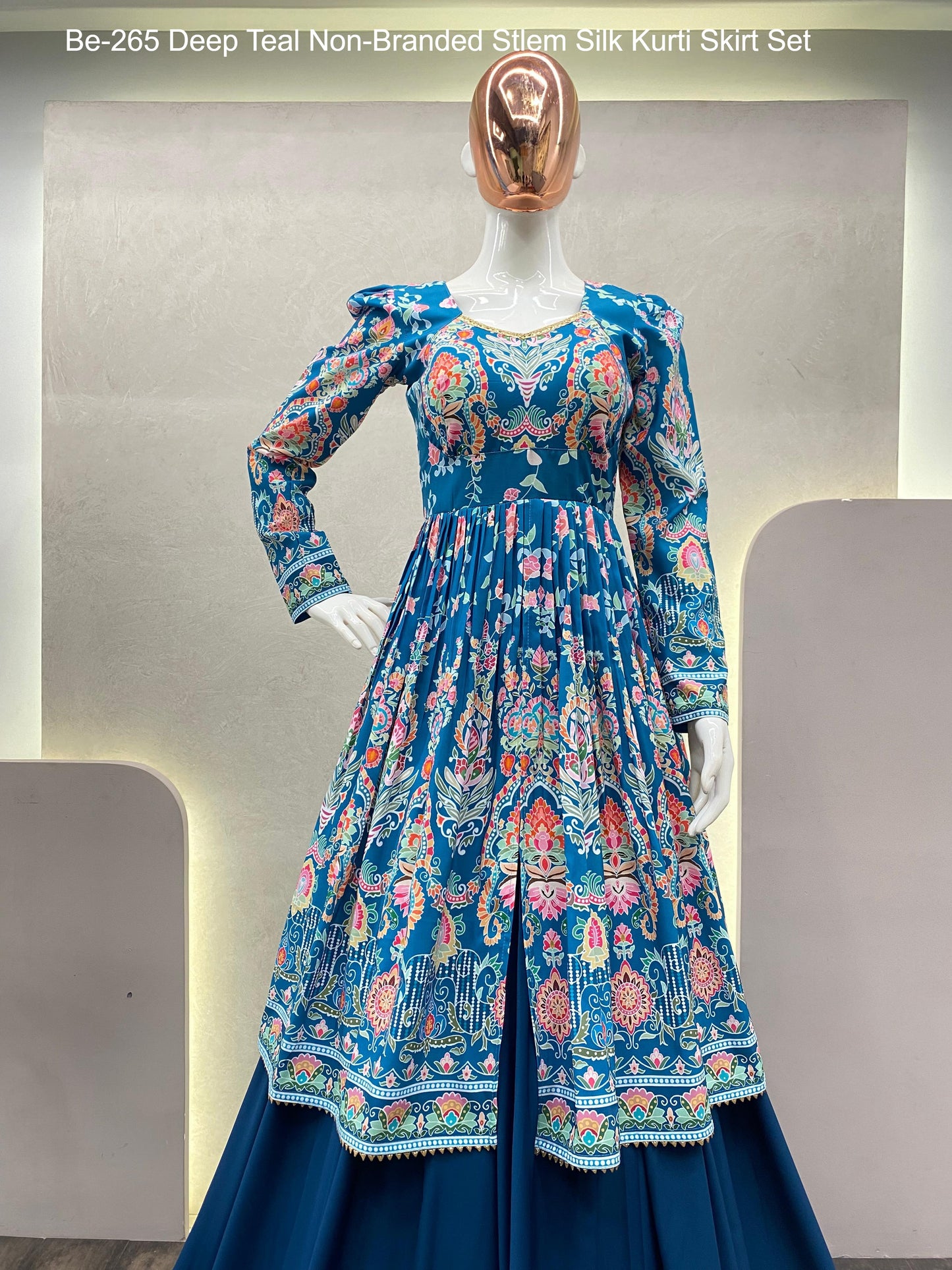 Be-265 Deep Teal Non-Branded Stlem Silk Kurti Skirt Set