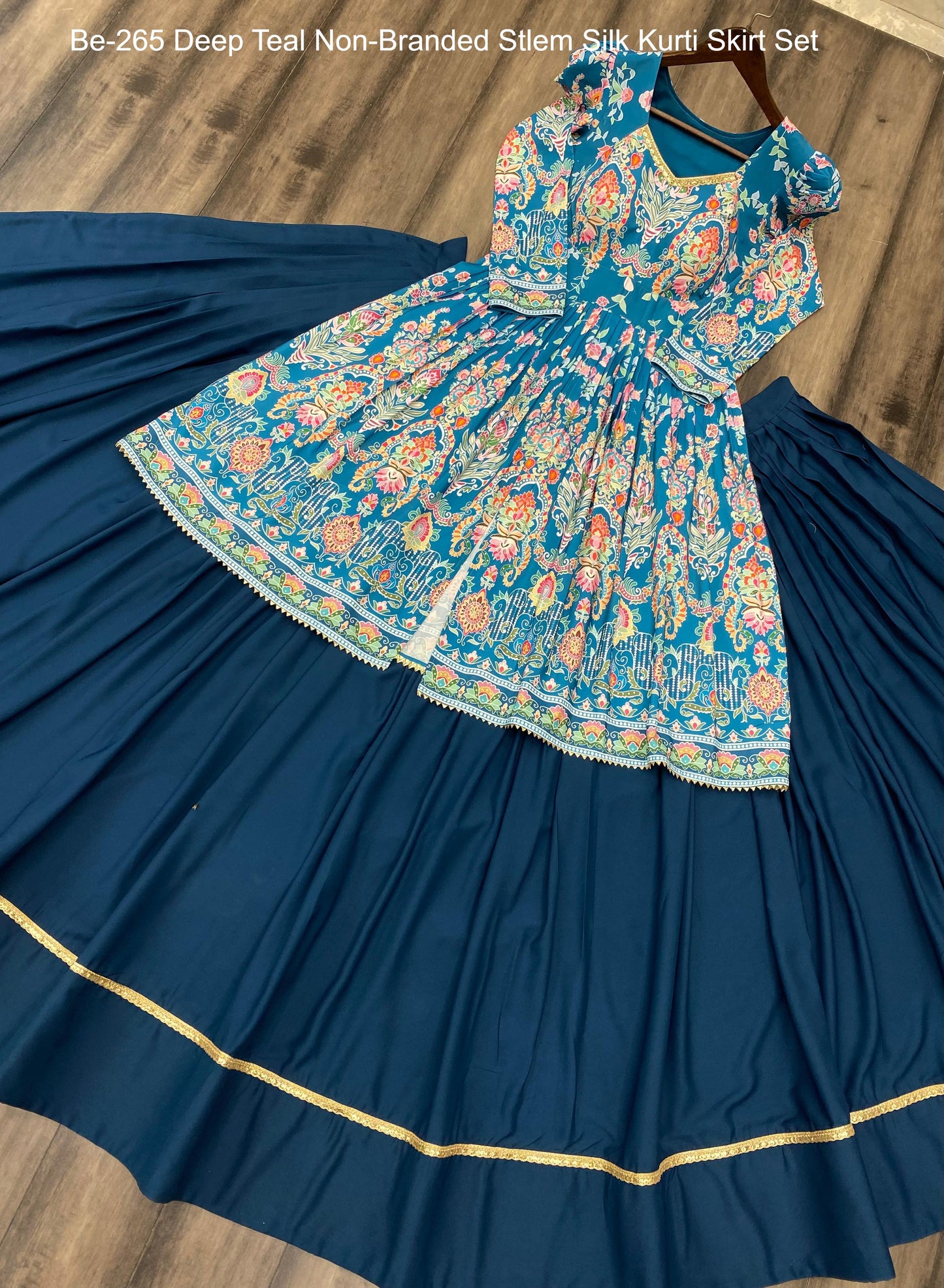 Be-265 Deep Teal Non-Branded Stlem Silk Kurti Skirt Set