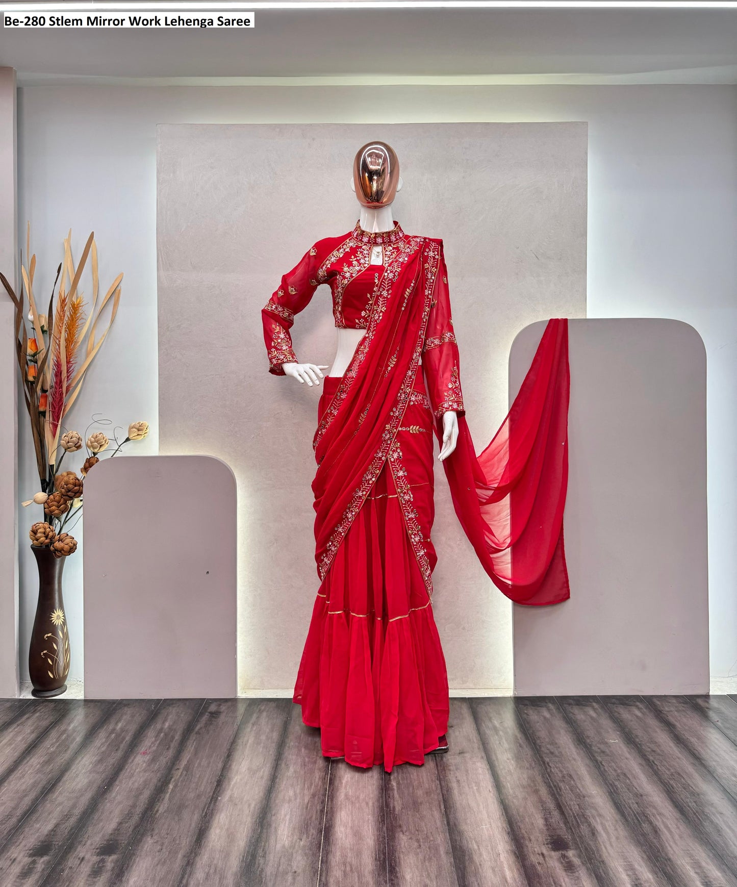 Be-280 Stlem Mirror Work Lehenga Saree